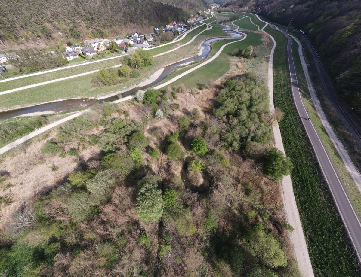 Luftaufnahme eines Flusstals mit gewundenem Fluss, angrenzenden Wiesen, Waldflächen und einer Straße rechts.