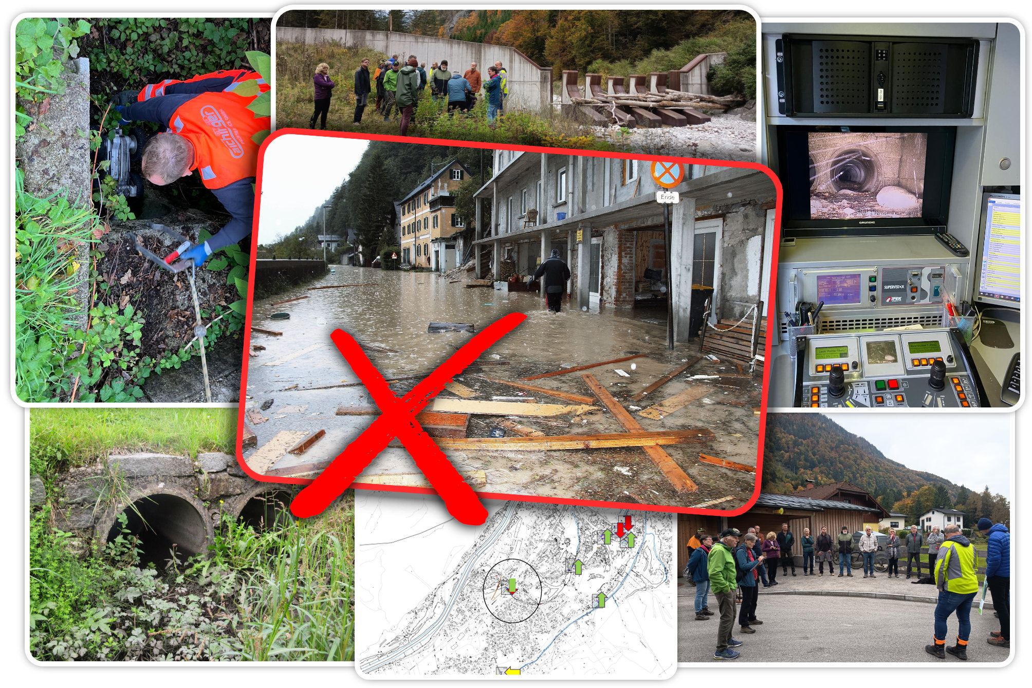 Collage mit Fotos von Hochwasser, vermessenem Gelände, Kanalinspektion, Menschen bei Außeneinsätzen und einem roten X über einem überfluteten Straßenabschnitt
